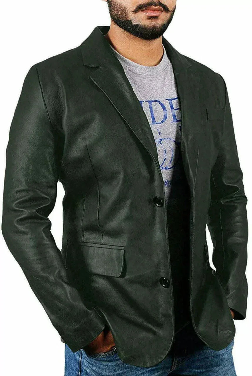 Forest Green Leather Blazer for Men - Premium Full Grain Leather Jacket