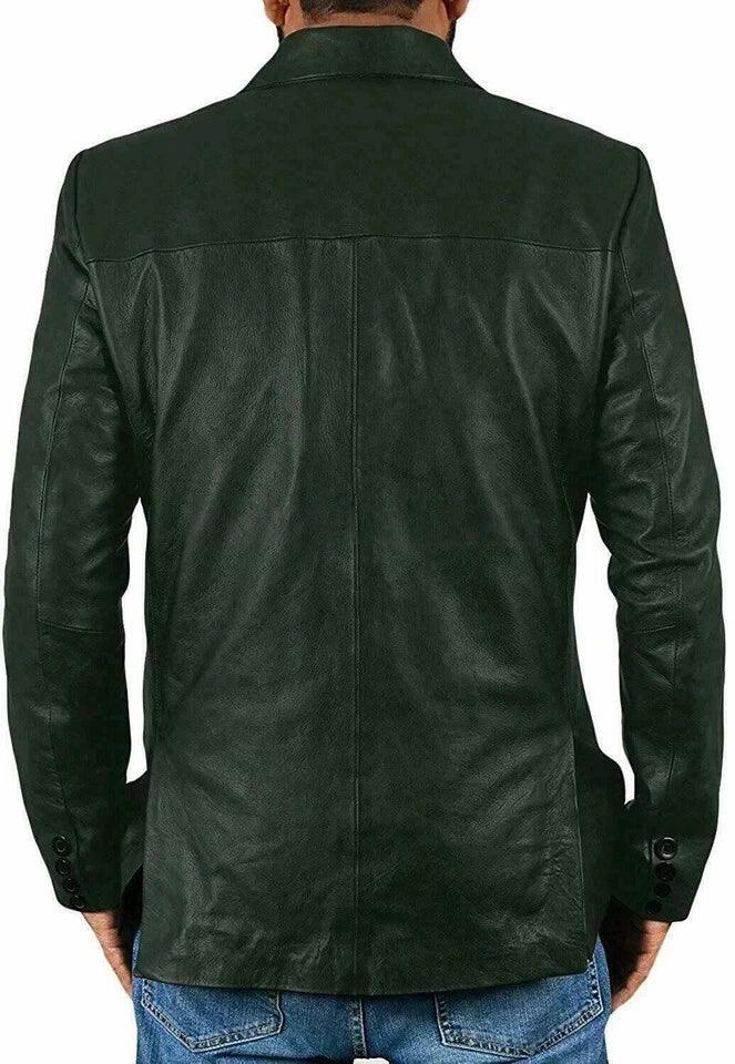 Forest Green Leather Blazer for Men - Premium Full Grain Leather Jacket