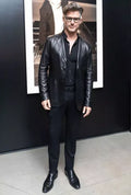 Original Black Leather Blazer Men - Leather Sleeve Full Grain Leather Jacket