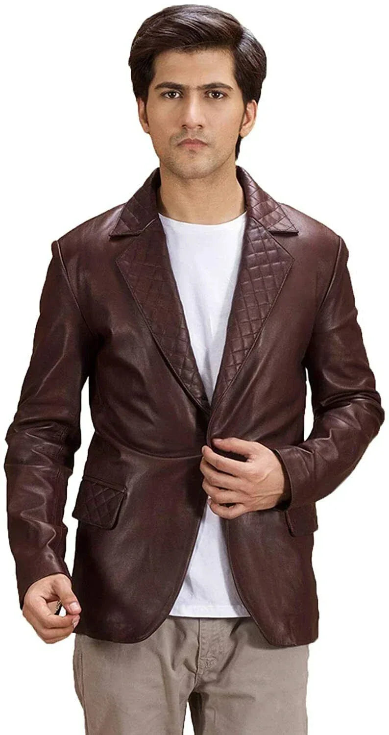Burgundy Leather Blazer Men - Quilted Lapel Full Grain Leather Jacket