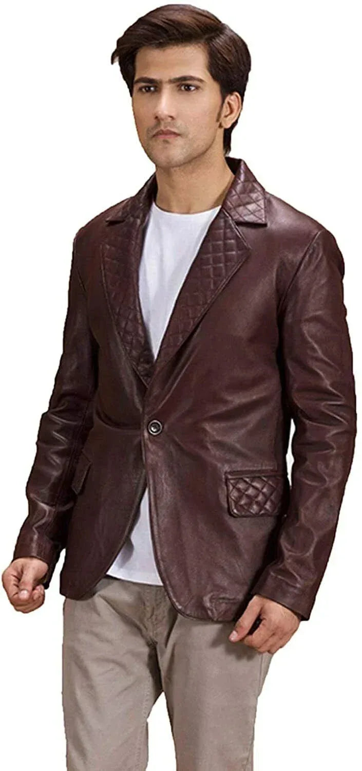 Burgundy Leather Blazer Men - Quilted Lapel Full Grain Leather Jacket