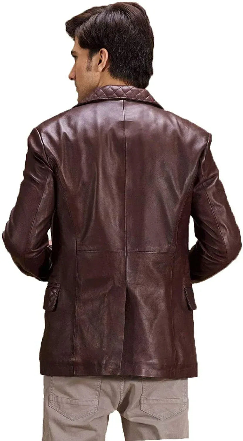 Burgundy Leather Blazer Men - Quilted Lapel Full Grain Leather Jacket