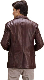 Burgundy Leather Blazer Men - Quilted Lapel Full Grain Leather Jacket