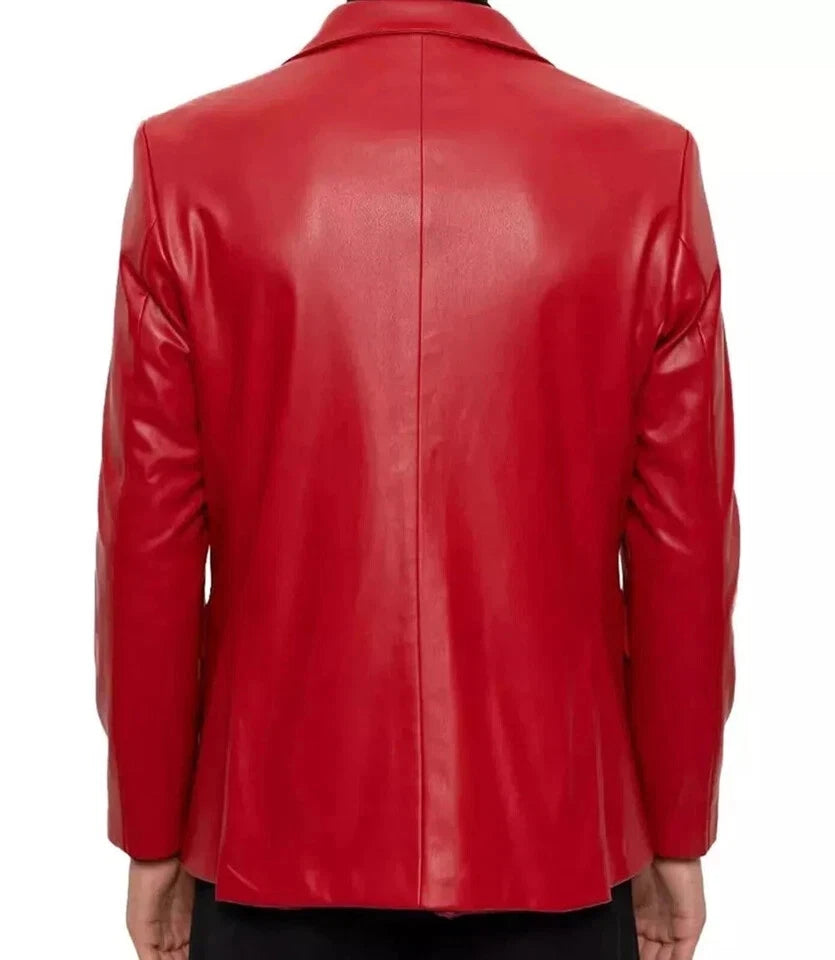 Original Red Leather Blazer for Men - Vibrant Full Grain Leather Jacket