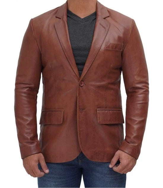 Cognac Brown Leather Blazer for Men - Premium Full Grain Leather Jacket