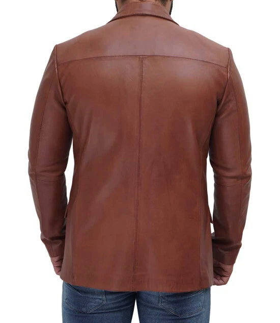 Cognac Brown Leather Blazer for Men - Premium Full Grain Leather Jacket