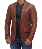 Cognac Brown Leather Blazer for Men - Premium Full Grain Leather Jacket