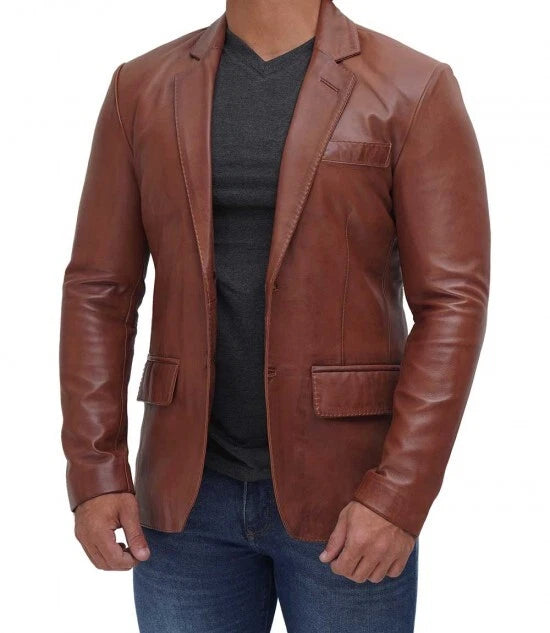 Cognac Brown Leather Blazer for Men - Premium Full Grain Leather Jacket