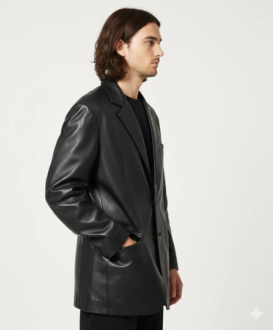 Black Leather Blazer Men - Oversized Full Grain Leather Jacket