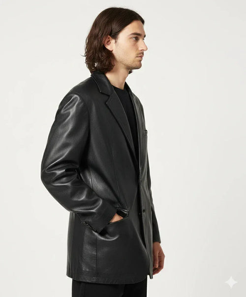 Black Leather Blazer Men - Oversized Full Grain Leather Jacket