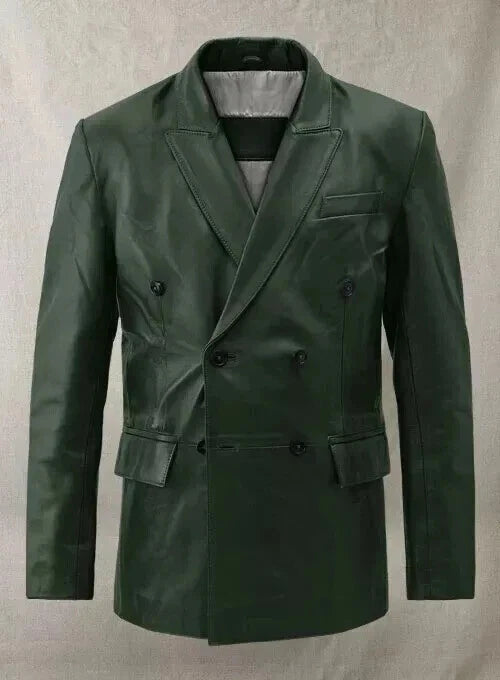 Olive Green Leather Blazer Men - Double Breasted Full Grain Leather Jacket