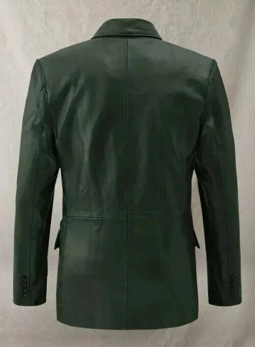 Olive Green Leather Blazer Men - Double Breasted Full Grain Leather Jacket