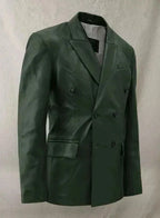 Olive Green Leather Blazer Men - Double Breasted Full Grain Leather Jacket