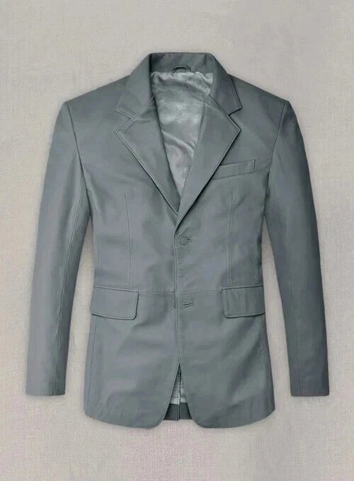 Original Grey Leather Blazer for Men | Premium Full-Grain Formal Jacket