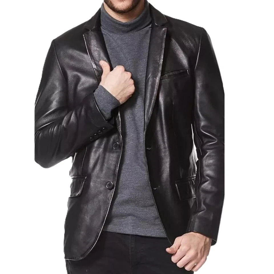 Distressed Black Leather Blazer for Men | Vintage Full-Grain Formal Jacket