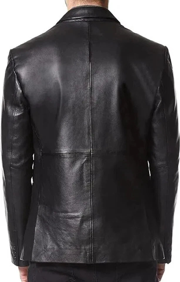 Distressed Black Leather Blazer for Men | Vintage Full-Grain Formal Jacket