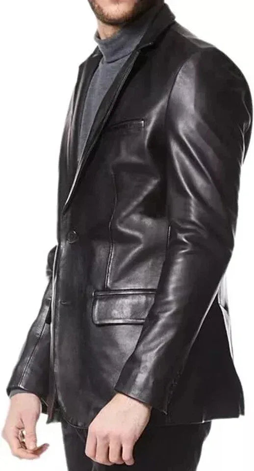 Distressed Black Leather Blazer for Men | Vintage Full-Grain Formal Jacket