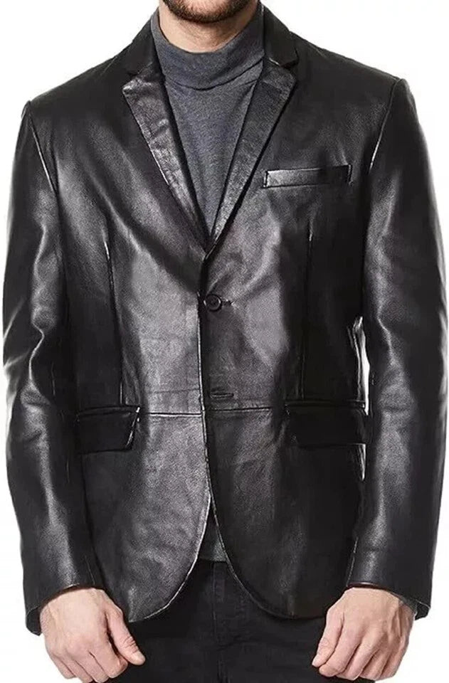 Distressed Black Leather Blazer for Men | Vintage Full-Grain Formal Jacket