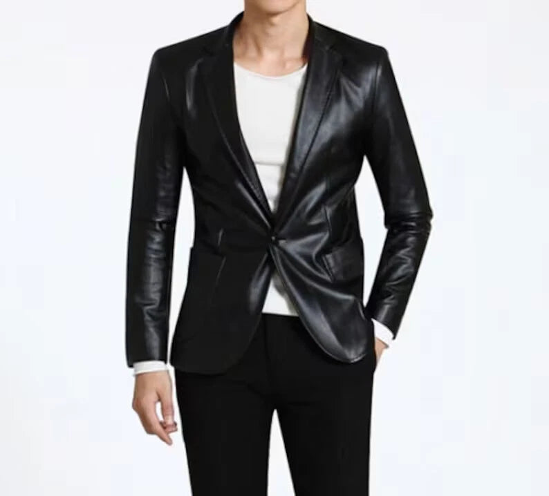 Slim Fit Black Leather Blazer for Men | Premium Full-Grain Formal Jacket