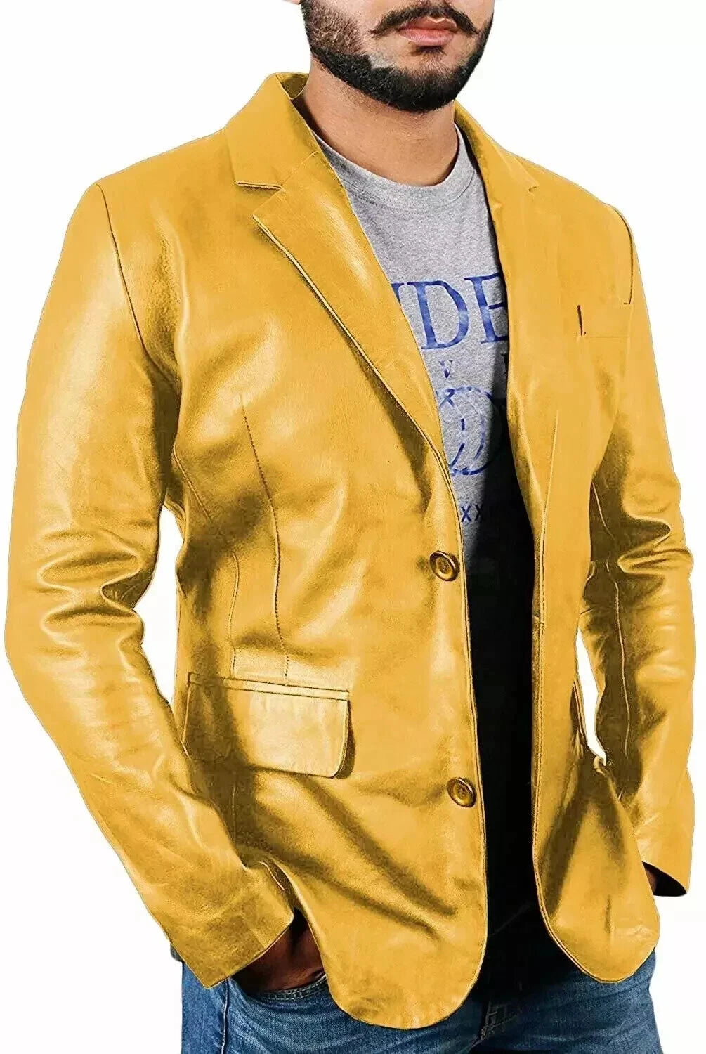 Mustard Yellow Leather Blazer for Men | Premium Full-Grain Statement Jacket
