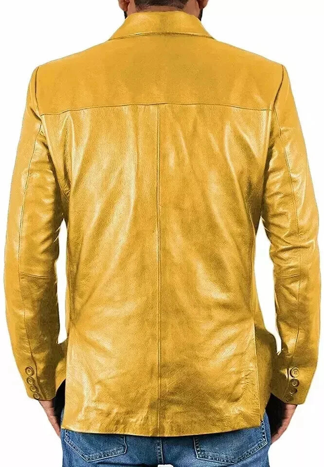 Mustard Yellow Leather Blazer for Men | Premium Full-Grain Statement Jacket