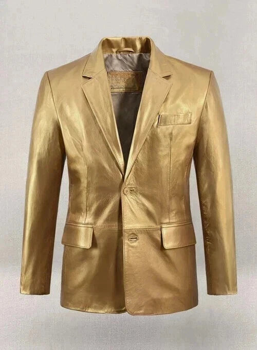 Gold Leather Blazer for Men | Premium Full-Grain Metallic Statement Jacket