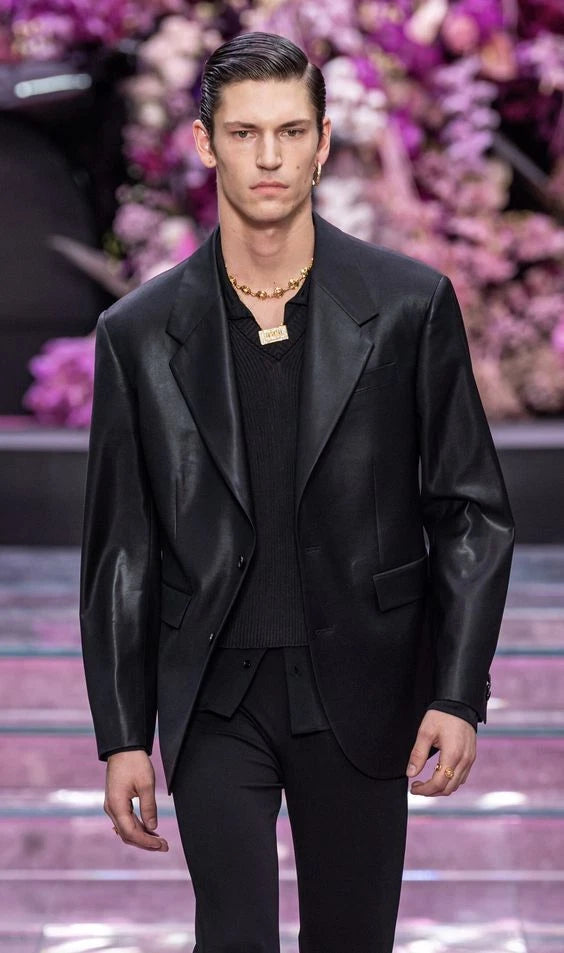 Oversized Black Original Leather Blazer for Men | Premium Full-Grain Runway Jacket