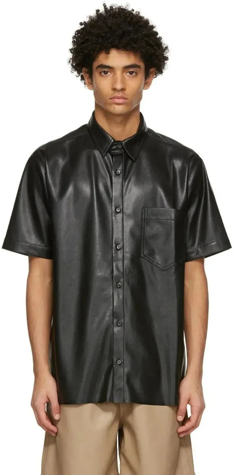 Oversized Black Original Leather Short-Sleeve Shirt for Men | Premium Full-Grain Summer Shirt