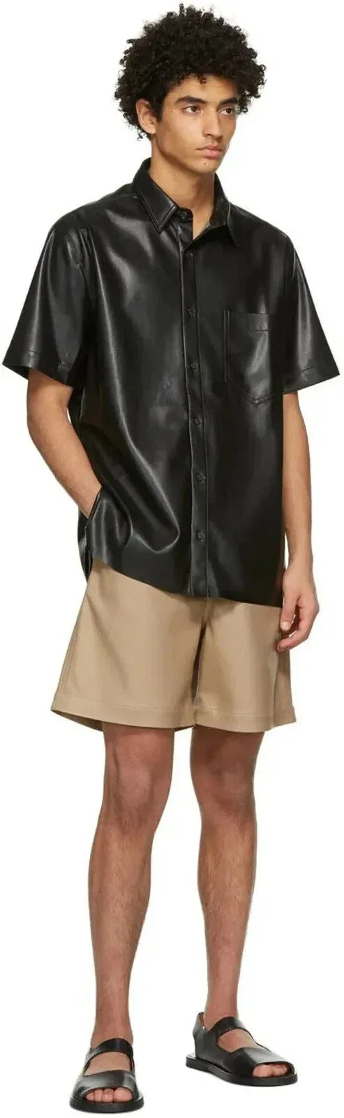 Oversized Black Original Leather Short-Sleeve Shirt for Men | Premium Full-Grain Summer Shirt