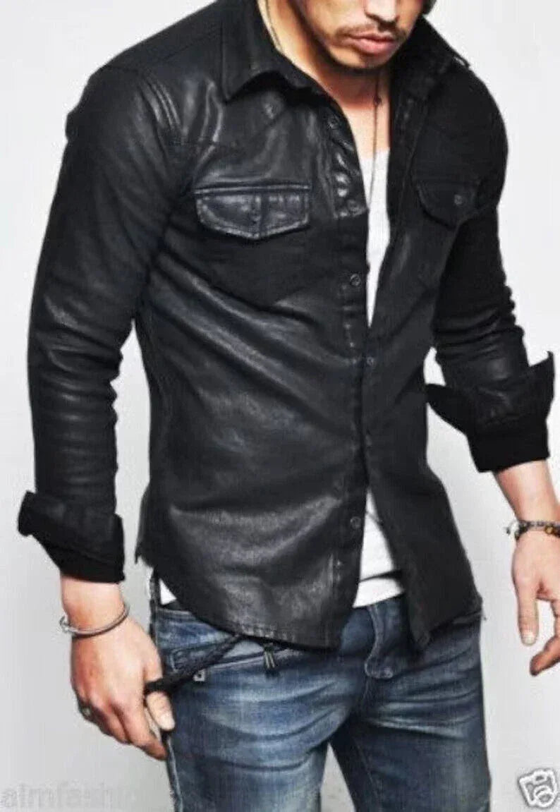 Casual Black Leather Shirt for Men | Premium Full-Grain Fitted Shirt with Pockets