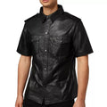 Military Black Original Leather Short-Sleeve Shirt for Men | Premium Full-Grain Tactical Shirt