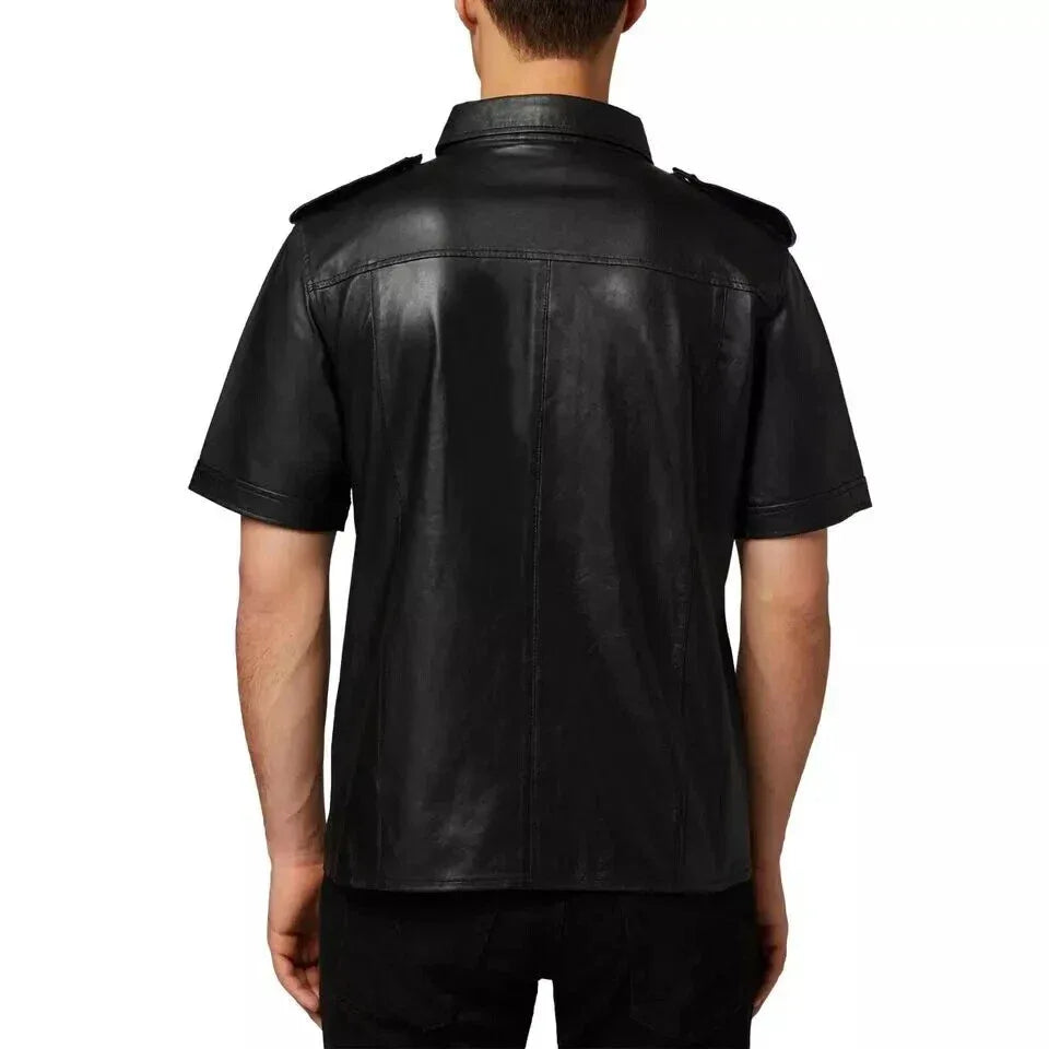Military Black Original Leather Short-Sleeve Shirt for Men | Premium Full-Grain Tactical Shirt