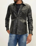 Military Black Leather Shirt Jacket for Men | Premium Full-Grain Tactical Overshirt