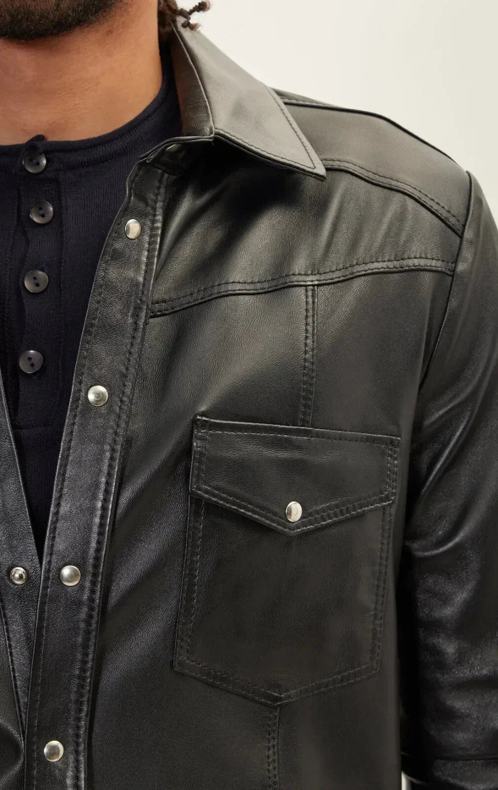 Military Black Leather Shirt Jacket for Men | Premium Full-Grain Tactical Overshirt