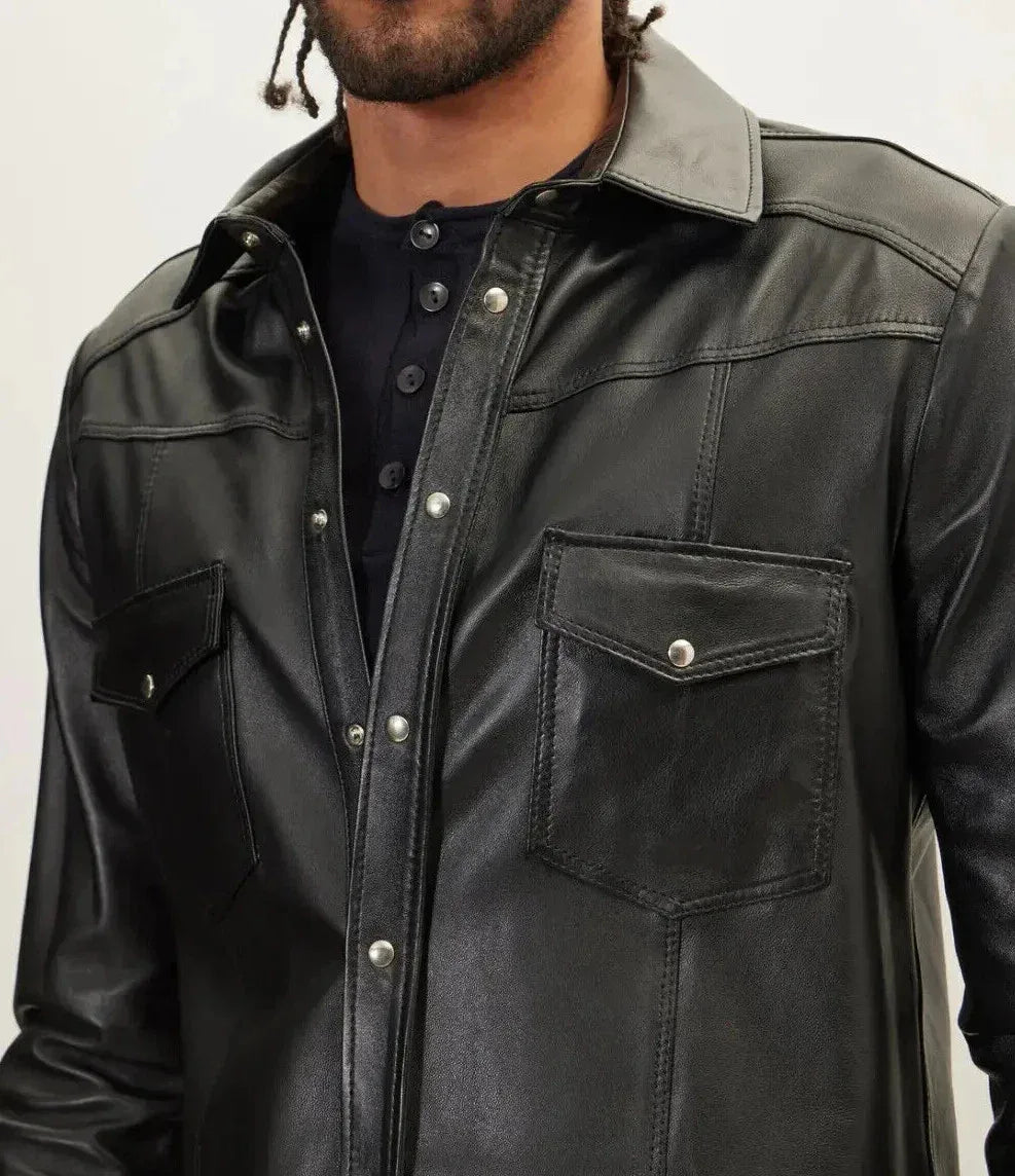 Military Black Leather Shirt Jacket for Men | Premium Full-Grain Tactical Overshirt