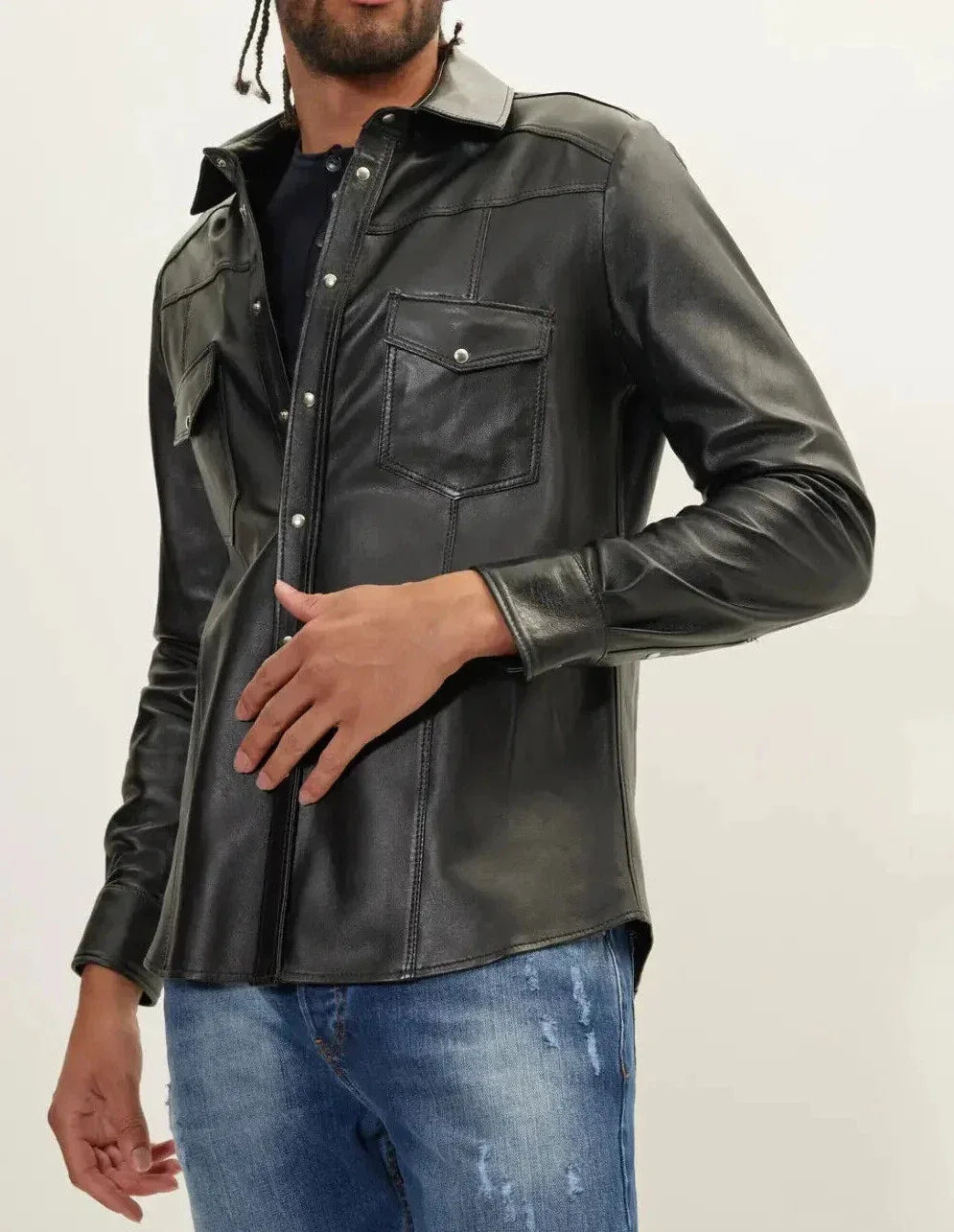 Military Black Leather Shirt Jacket for Men | Premium Full-Grain Tactical Overshirt