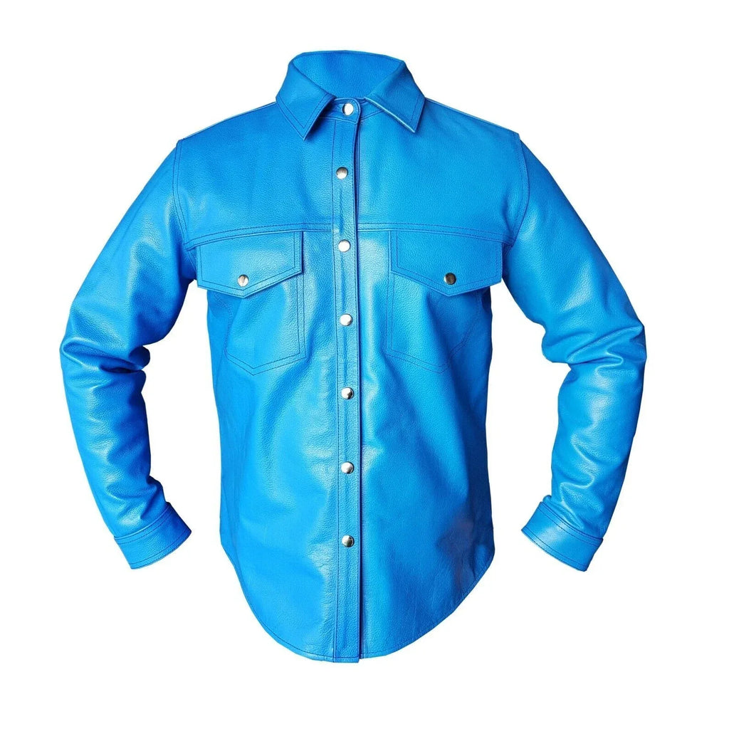 Blue Original Leather Shirt for Men | Premium Full-Grain Casual Dress Shirt