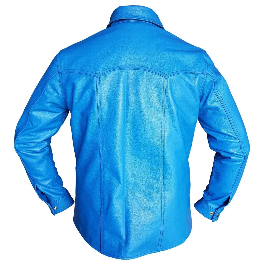 Blue Original Leather Shirt for Men | Premium Full-Grain Casual Dress Shirt
