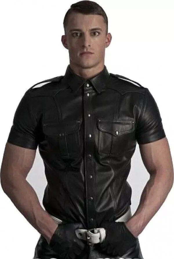 Tactical Black Leather Short-Sleeve Shirt for Men | Premium Full-Grain Military Uniform Shirt
