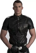 Tactical Black Leather Short-Sleeve Shirt for Men | Premium Full-Grain Military Uniform Shirt