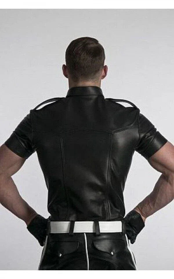 Tactical Black Leather Short-Sleeve Shirt for Men | Premium Full-Grain Military Uniform Shirt