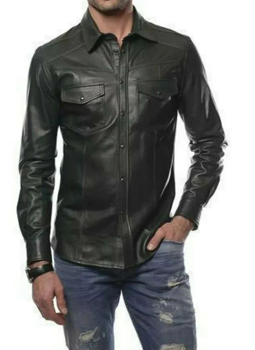 Western Black Leather Shirt for Men | Premium Full-Grain Casual Shirt with Pockets