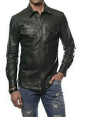 Western Black Leather Shirt for Men | Premium Full-Grain Casual Shirt with Pockets