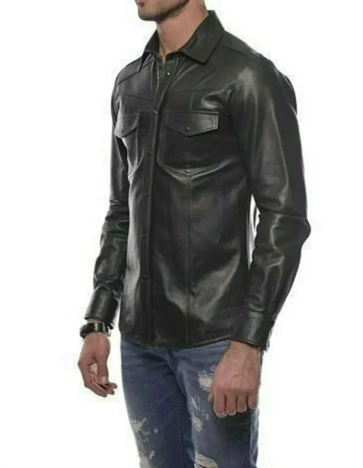 Western Black Leather Shirt for Men | Premium Full-Grain Casual Shirt with Pockets