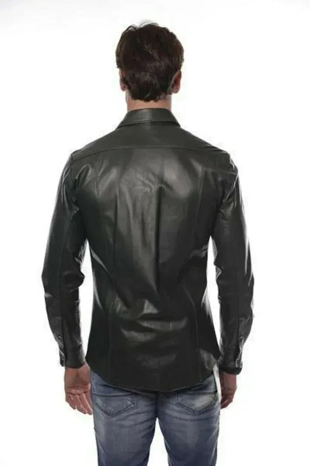 Western Black Leather Shirt for Men | Premium Full-Grain Casual Shirt with Pockets