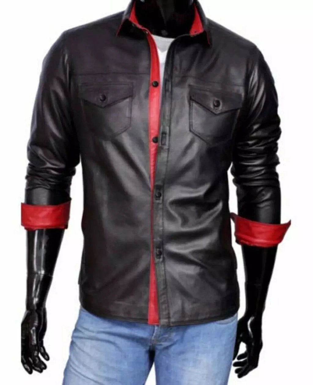Black and Red Original Leather Shirt for Men | Premium Full-Grain Contrast Dress Shirt