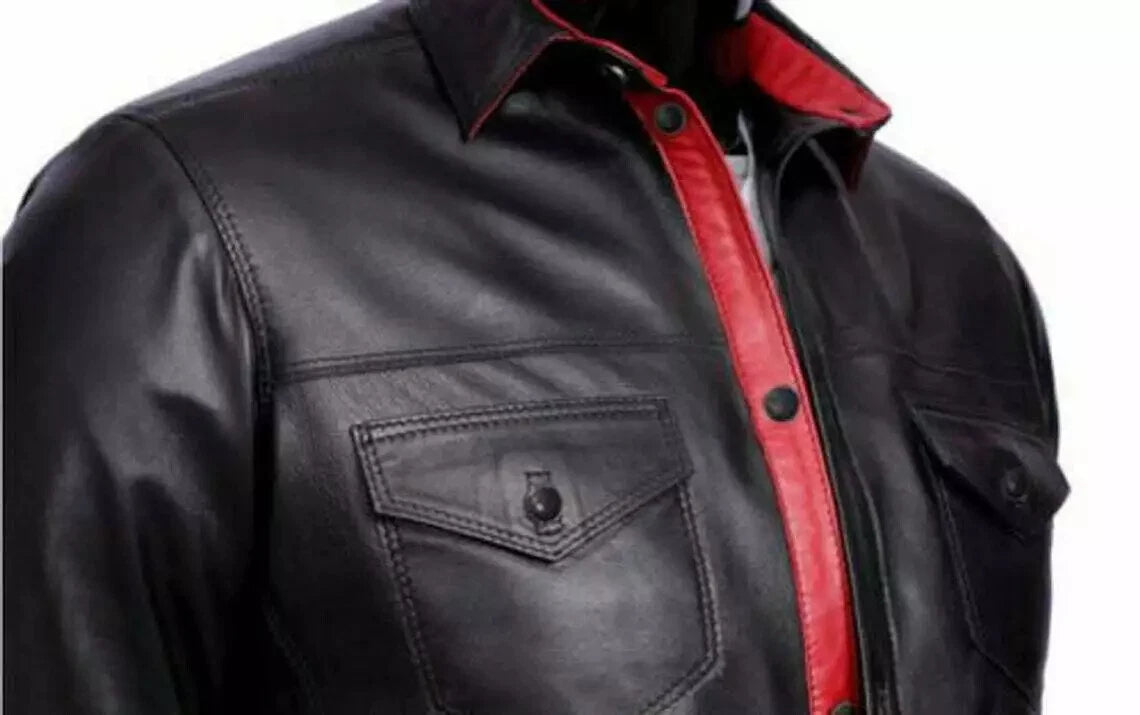 Black and Red Original Leather Shirt for Men | Premium Full-Grain Contrast Dress Shirt