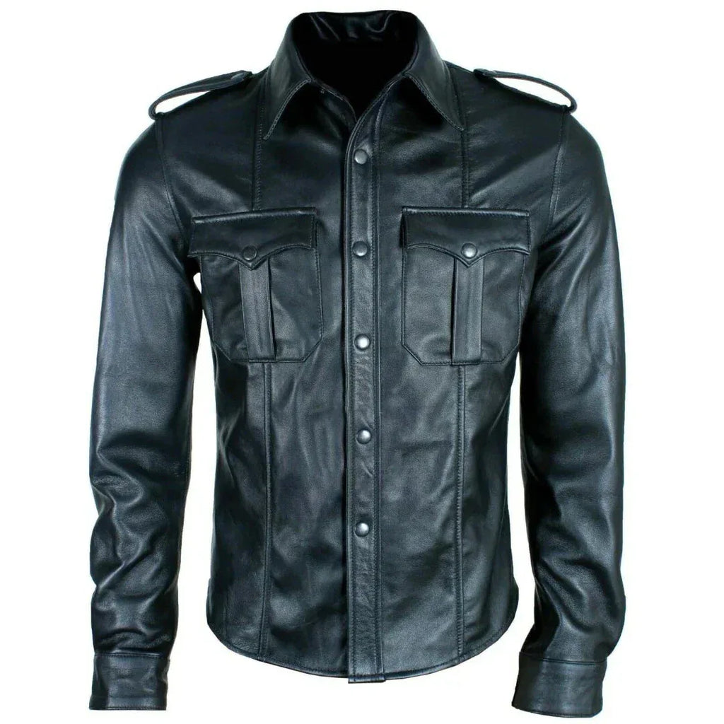 Military Black Leather Shirt for Men | Premium Full-Grain Shirt with Epaulettes