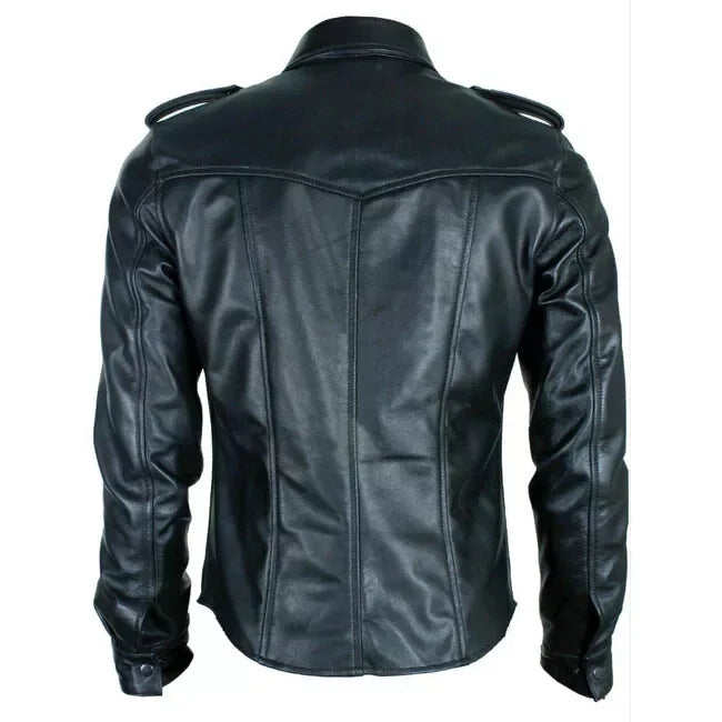 Military Black Leather Shirt for Men | Premium Full-Grain Shirt with Epaulettes