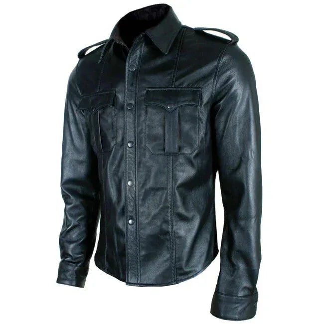Military Black Leather Shirt for Men | Premium Full-Grain Shirt with Epaulettes